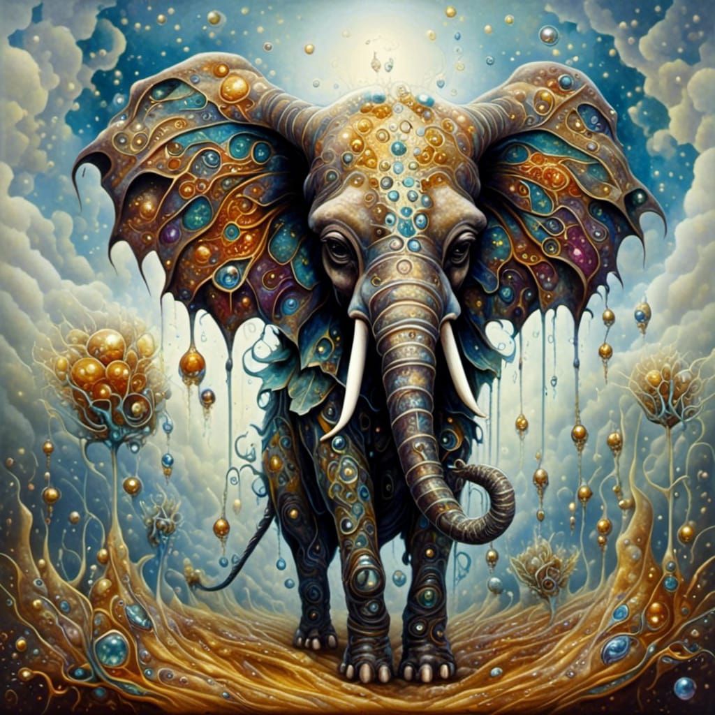 Surreal Elephant Calf Plays in Mud, Fantasy Art