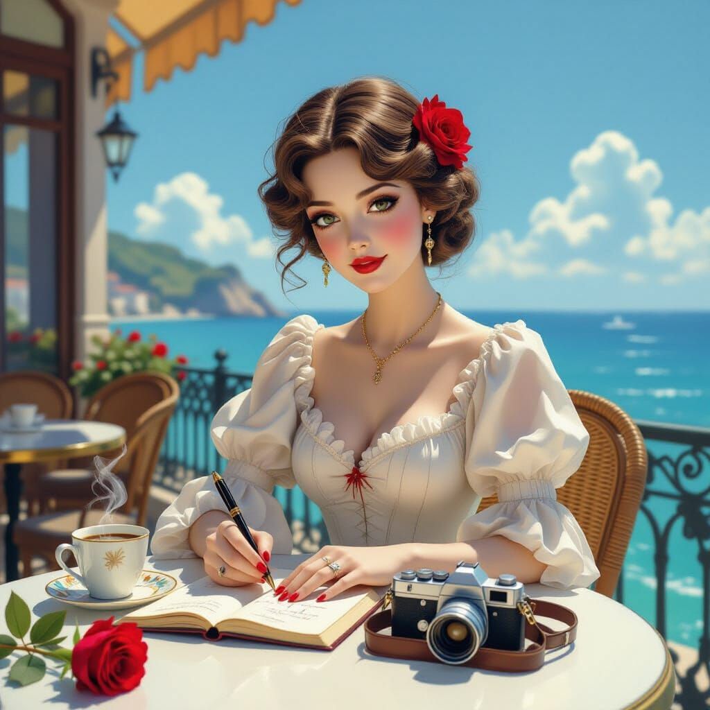 Porcelain Doll Woman Writes Journal at Sunny Cafe by the Sea