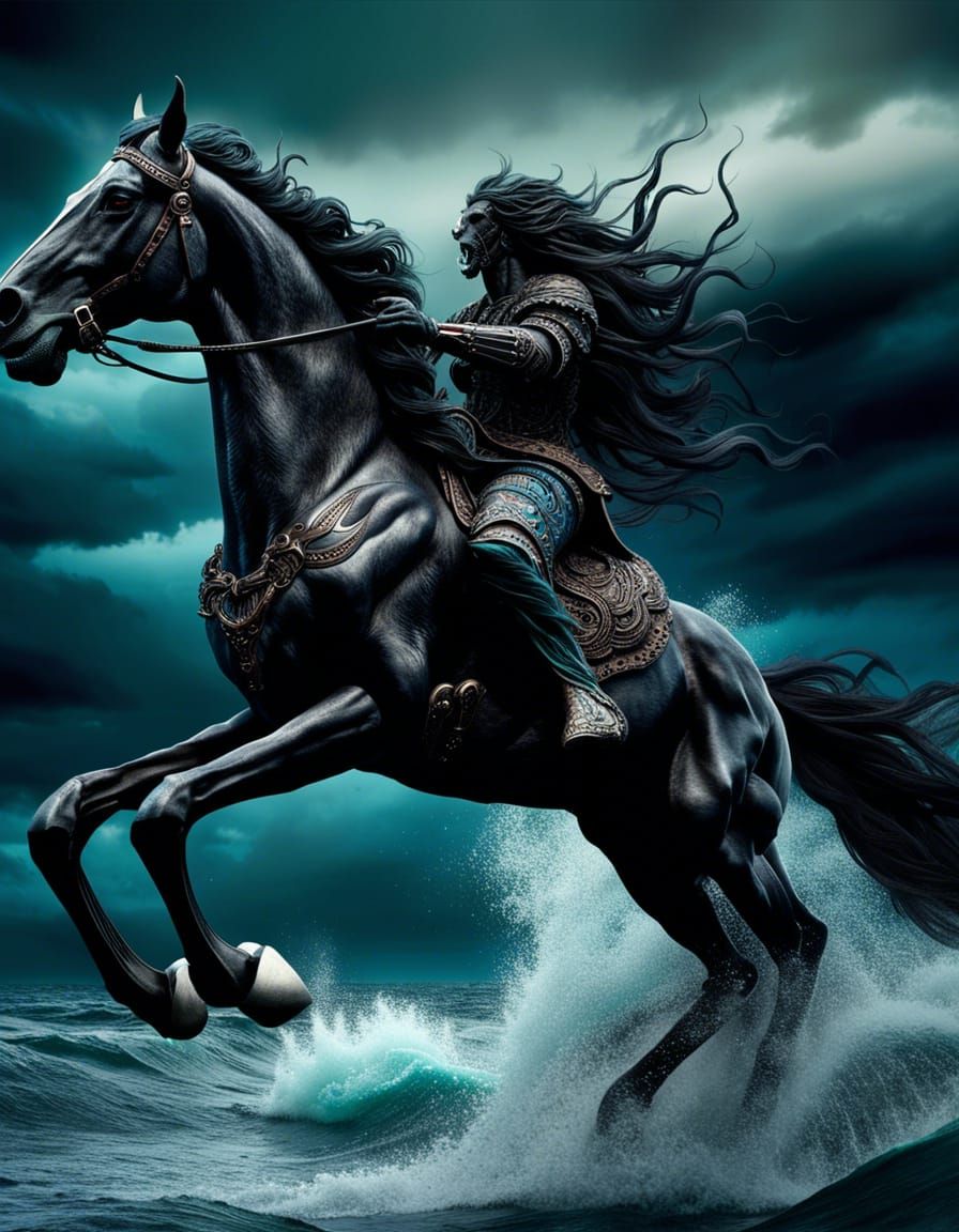 Demonic Nuckelavee on Black Horse over Turbulent Sea