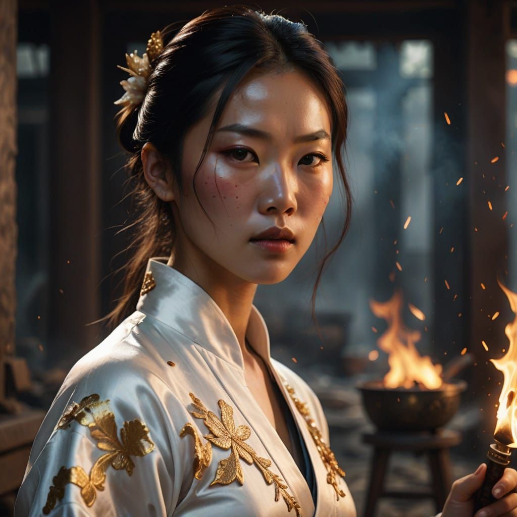 Asian Woman in Silk Holding Knife: Photorealistic Digital Ar...