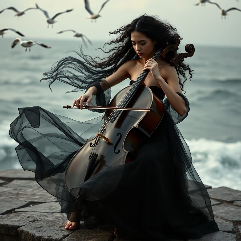 Woman in Black Gown Plays Cello by Ocean