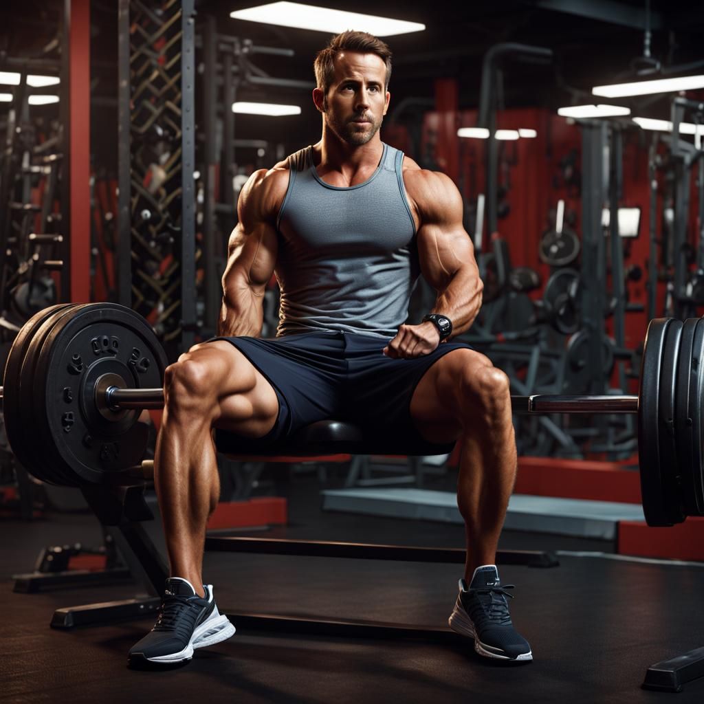 Muscular Ryan Reynolds in Gym, Detailed Matte Painting
