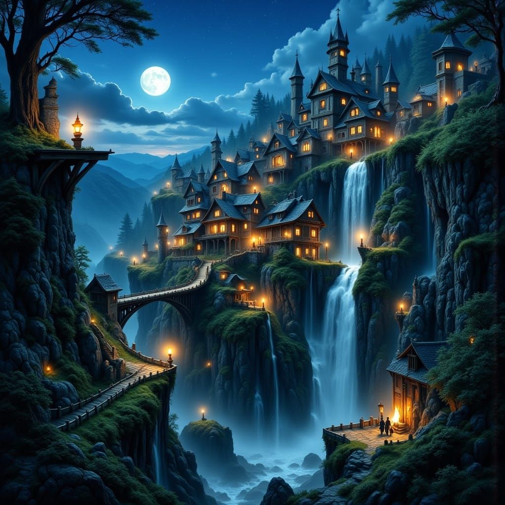 Medieval Cliffside Town in Mystical Realism Style