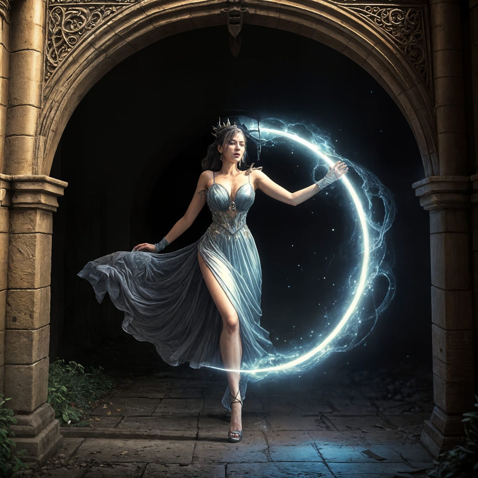 Seductress Discovers Portal in Ancient City, Photorealistic