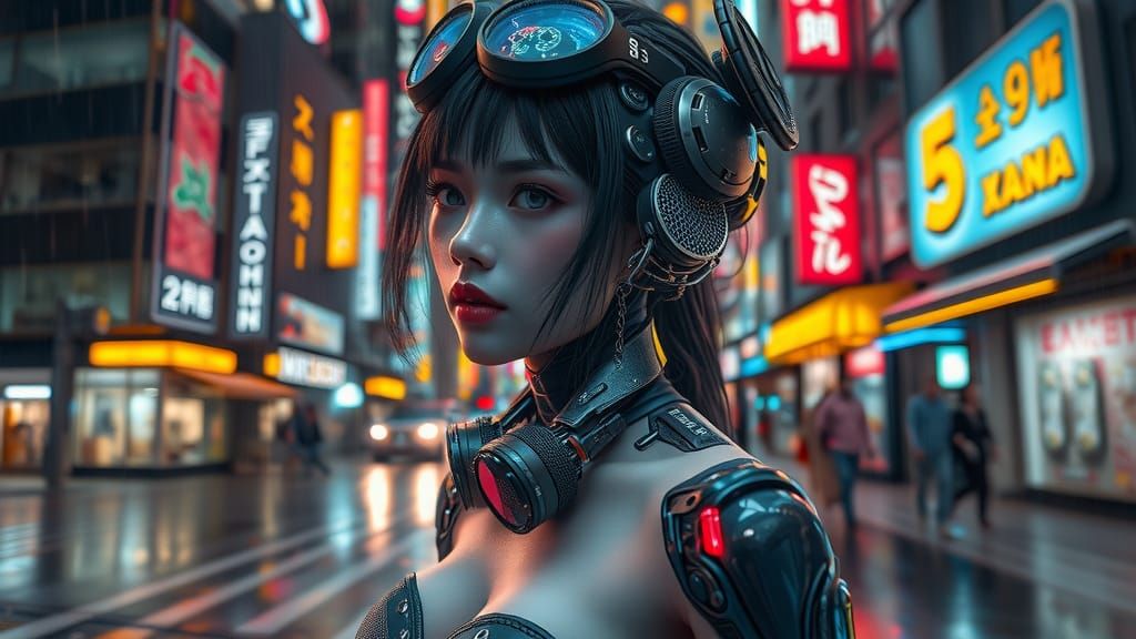 Cyberpunk Anime Woman in Rainy Neon City
