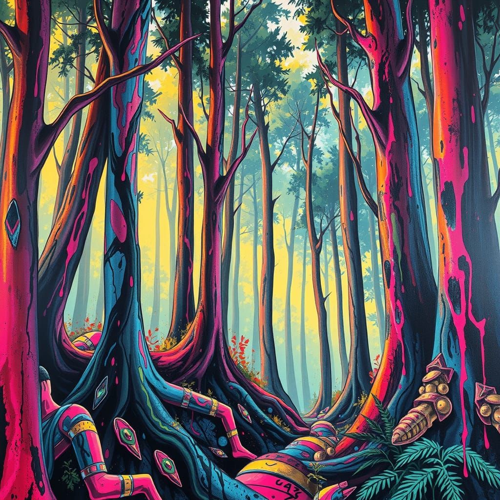 Forest Graffiti Art in Synthwave Neon Style