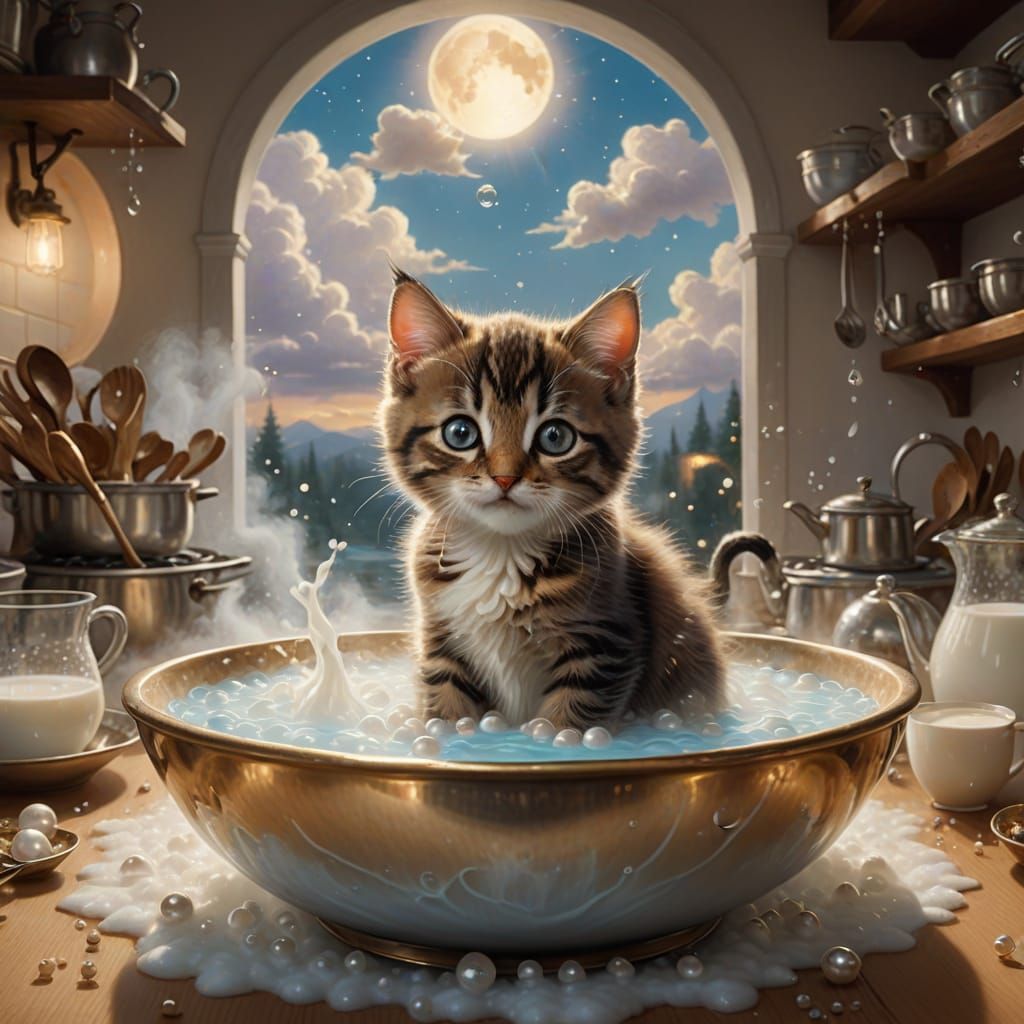 Whimsical Kitten Swims in Enchanted Milk Bowl