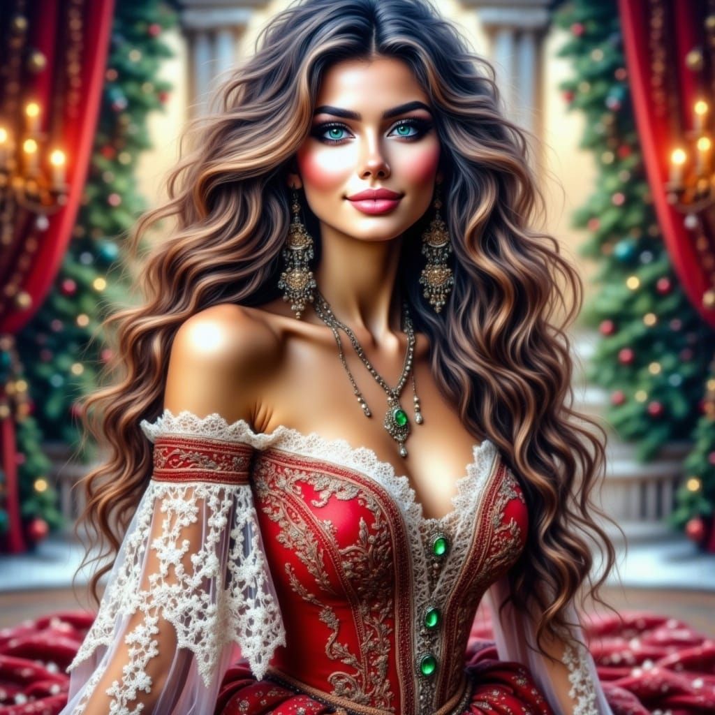 Elegant Woman in Christmas Gown, Digital Art