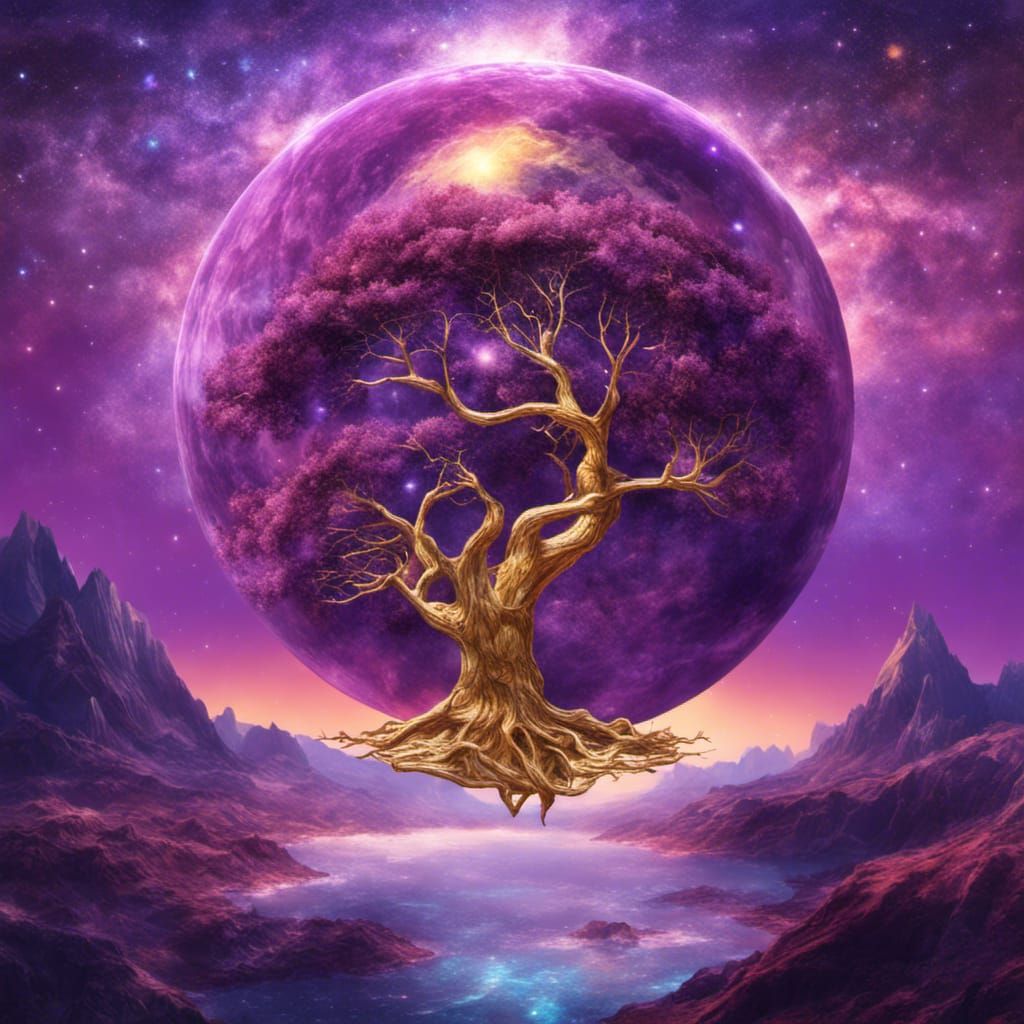 Purple Planet with Golden Tree: Astral Illustration