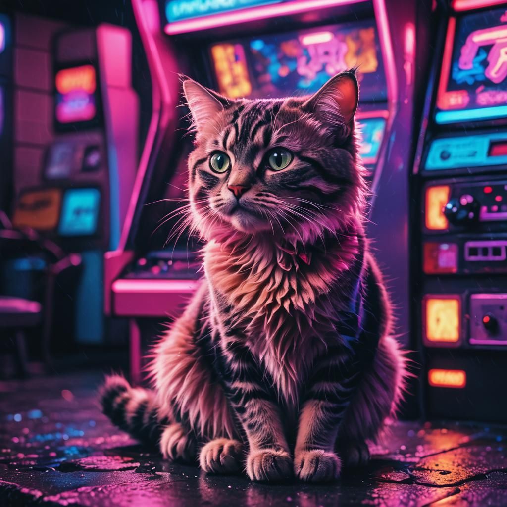 Neon Cat on Retro Arcade Cabinet in Synthwave Style
