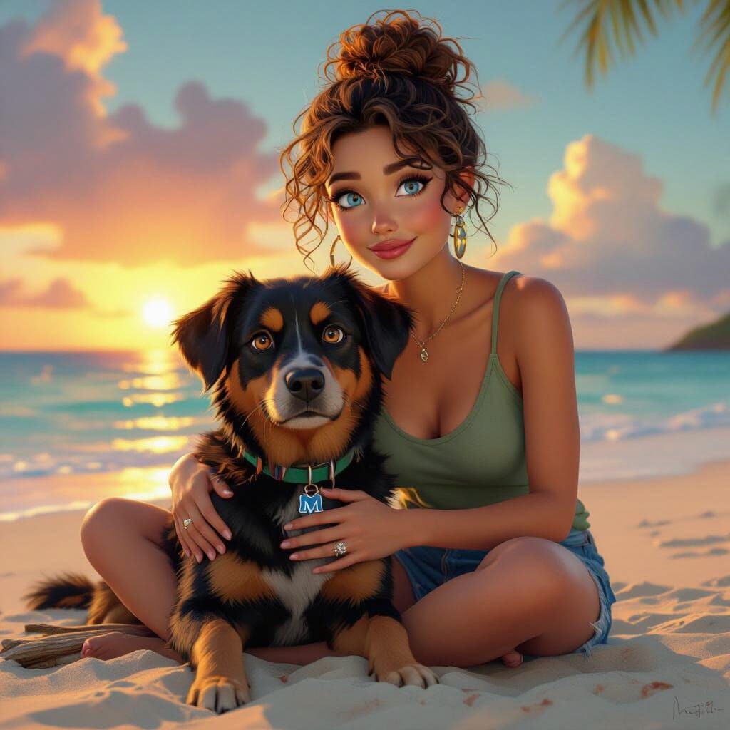 Woman and Dog at Sunset, Pixar-Inspired 3D Art