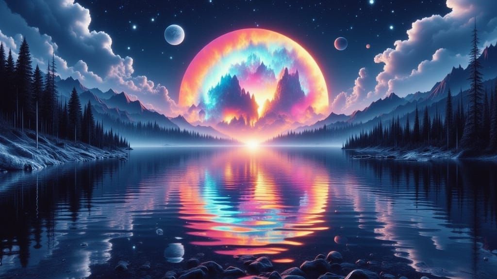 Bioluminescent Rainbow Over Calm Water Under Full Moon