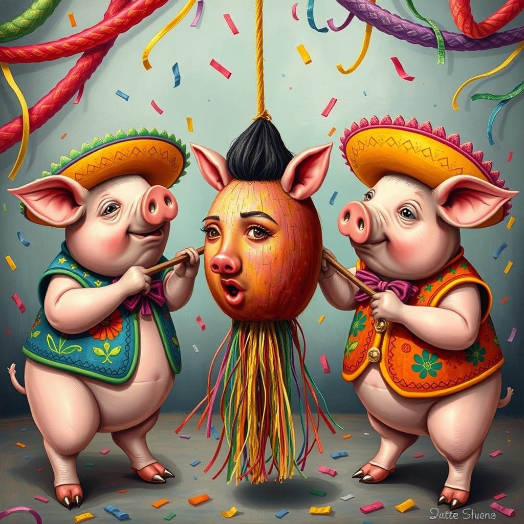 Pigs Celebrate Fiesta Hitting Human Piñata
