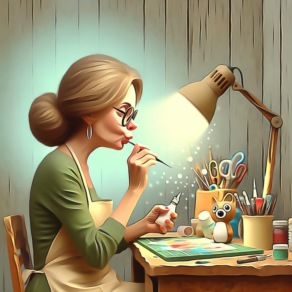 Whimsical Oil Painting of Woman Crafting