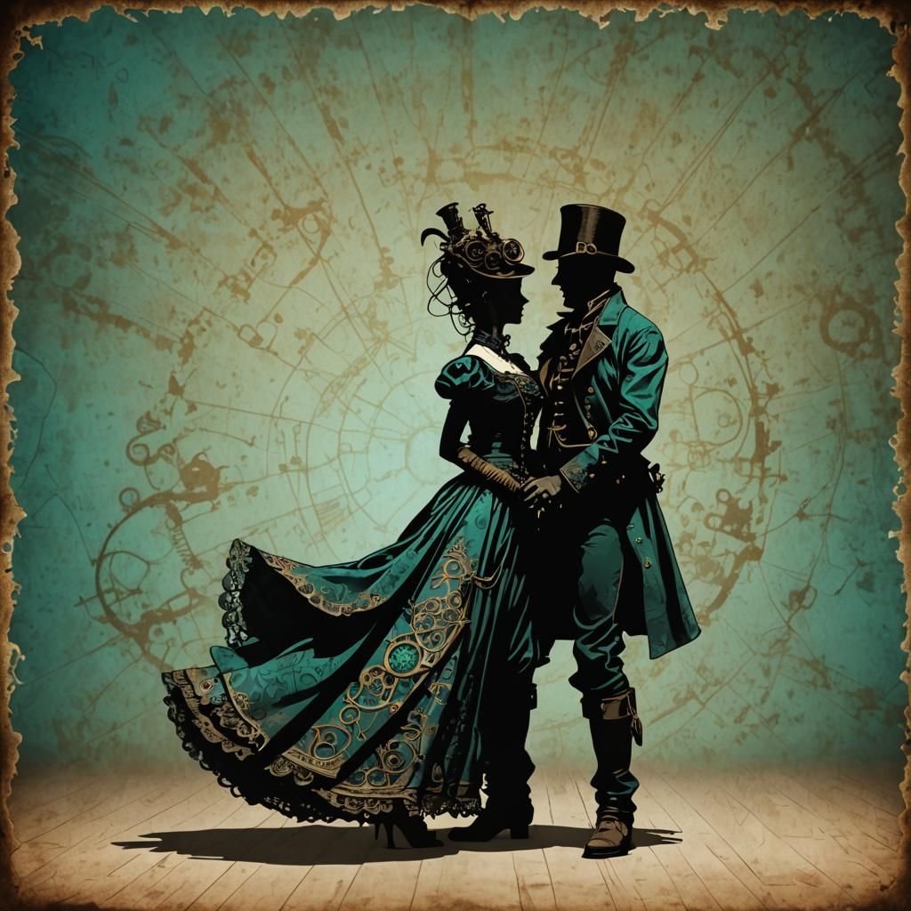 Dancing Couple Silhouette in Steampunk Ink Painting
