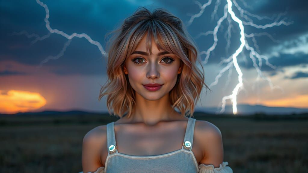 Kawaii Woman in Twilight Thunderstorm Photograph