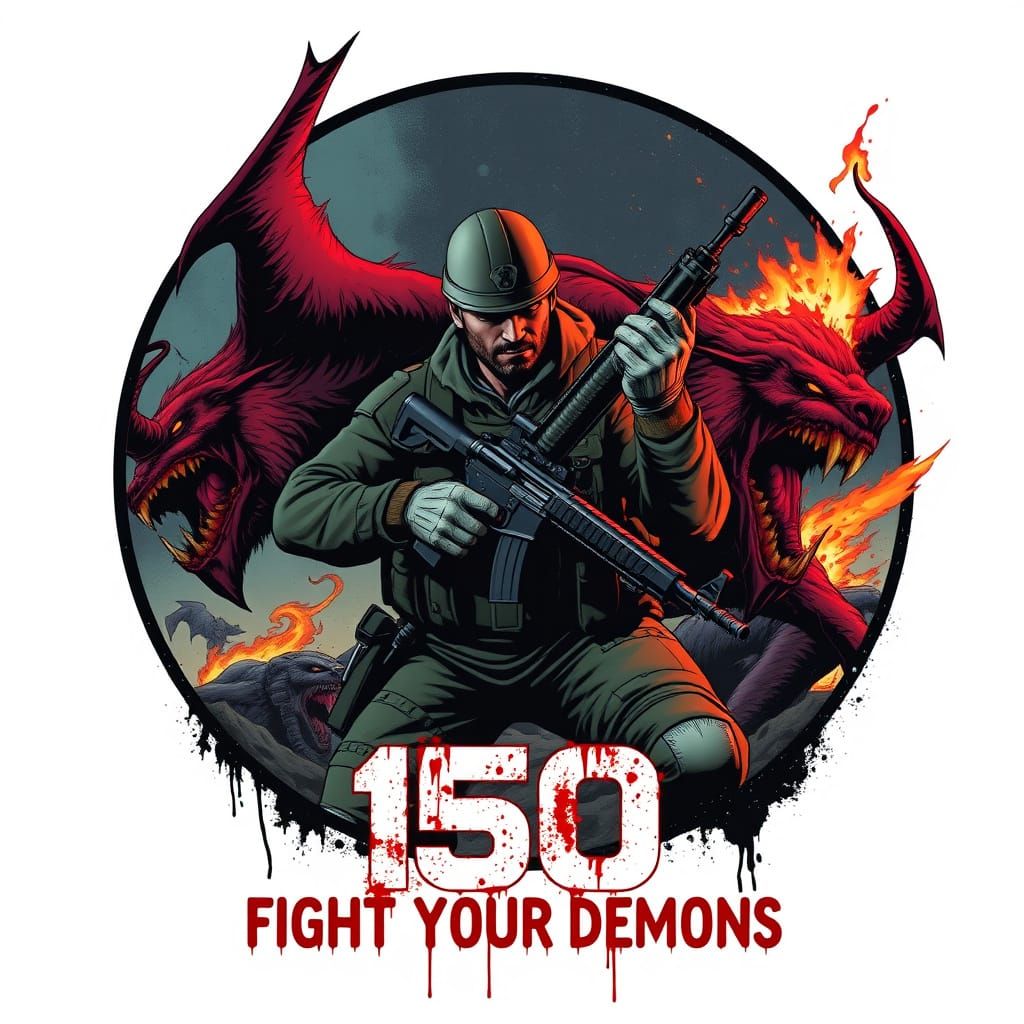 Soldier Battling Demons in Comic Book Style