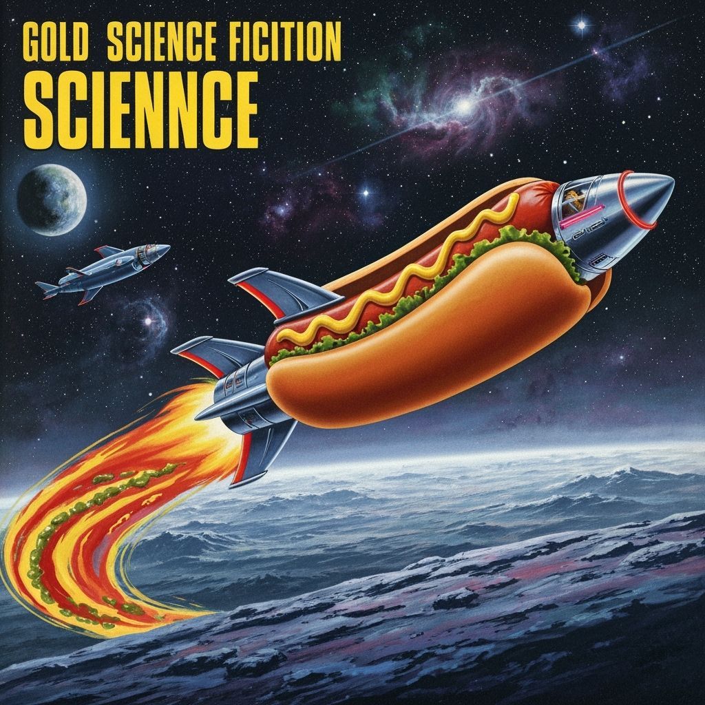 Retro Science Fiction Hotdog Rocketship in Cosmic Landscape
