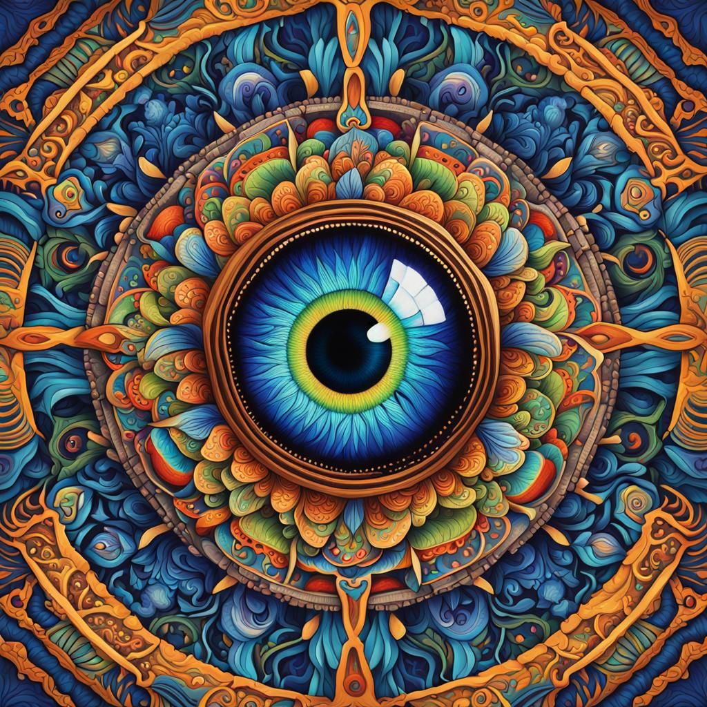 Psychedelic Mandala with Intricate Eye, Digital Art