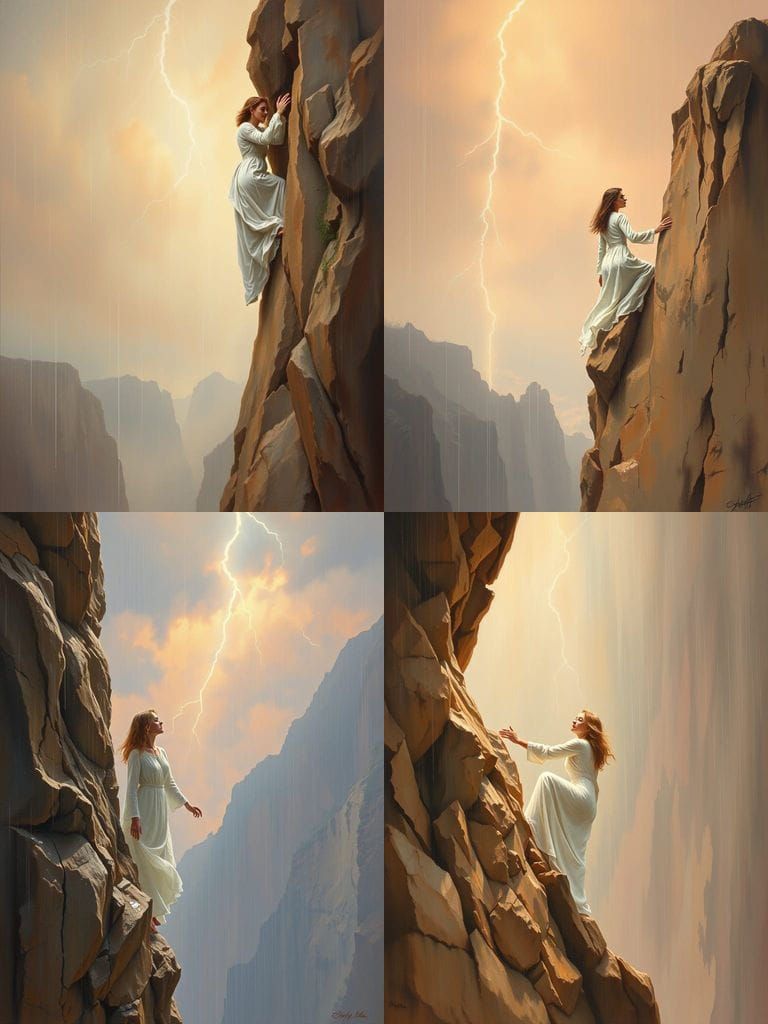 Woman Ascends Cliff in Warm Peach Hues Amidst Rainy Storm