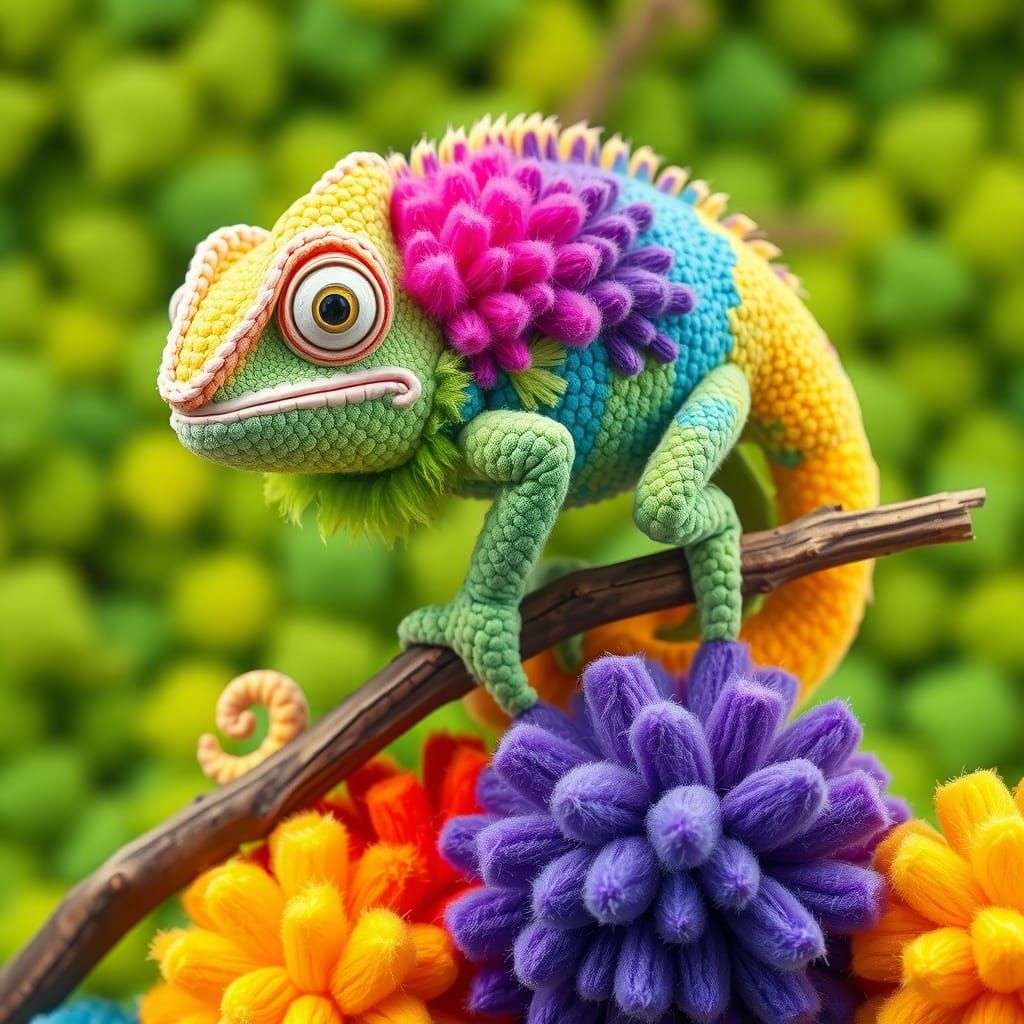 Whimsical Pom Pom Chameleon on Rainbow Branch