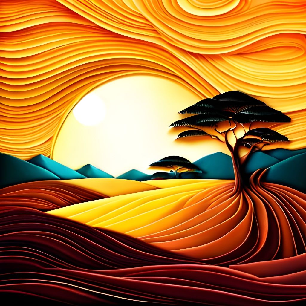 African Sunrise Landscape in Paper Quilling Style