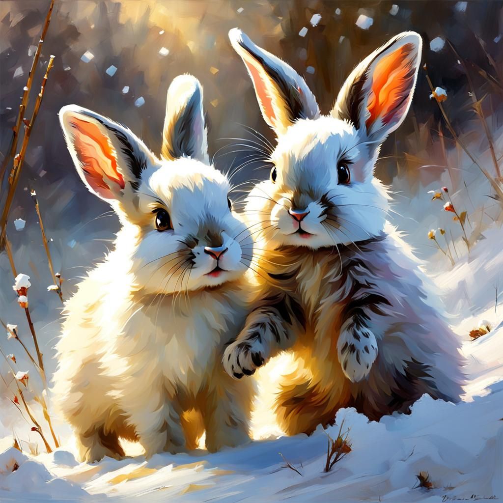 Three Cute Rabbits Play in the Snow as Matte Painting