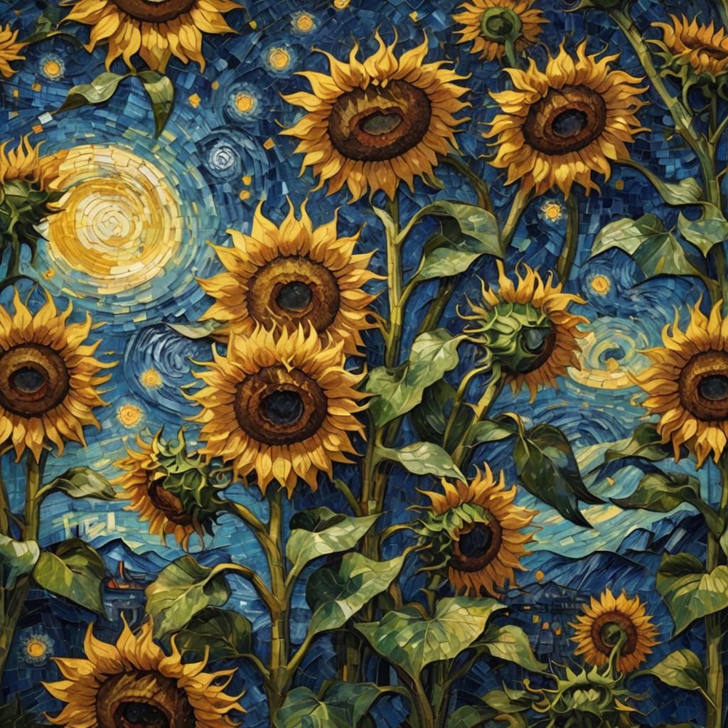 Mosaic Sunflower with Starry Night Background