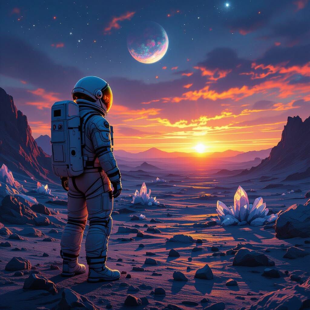 Astronaut Gazing at Binary Sunset on Alien Planet