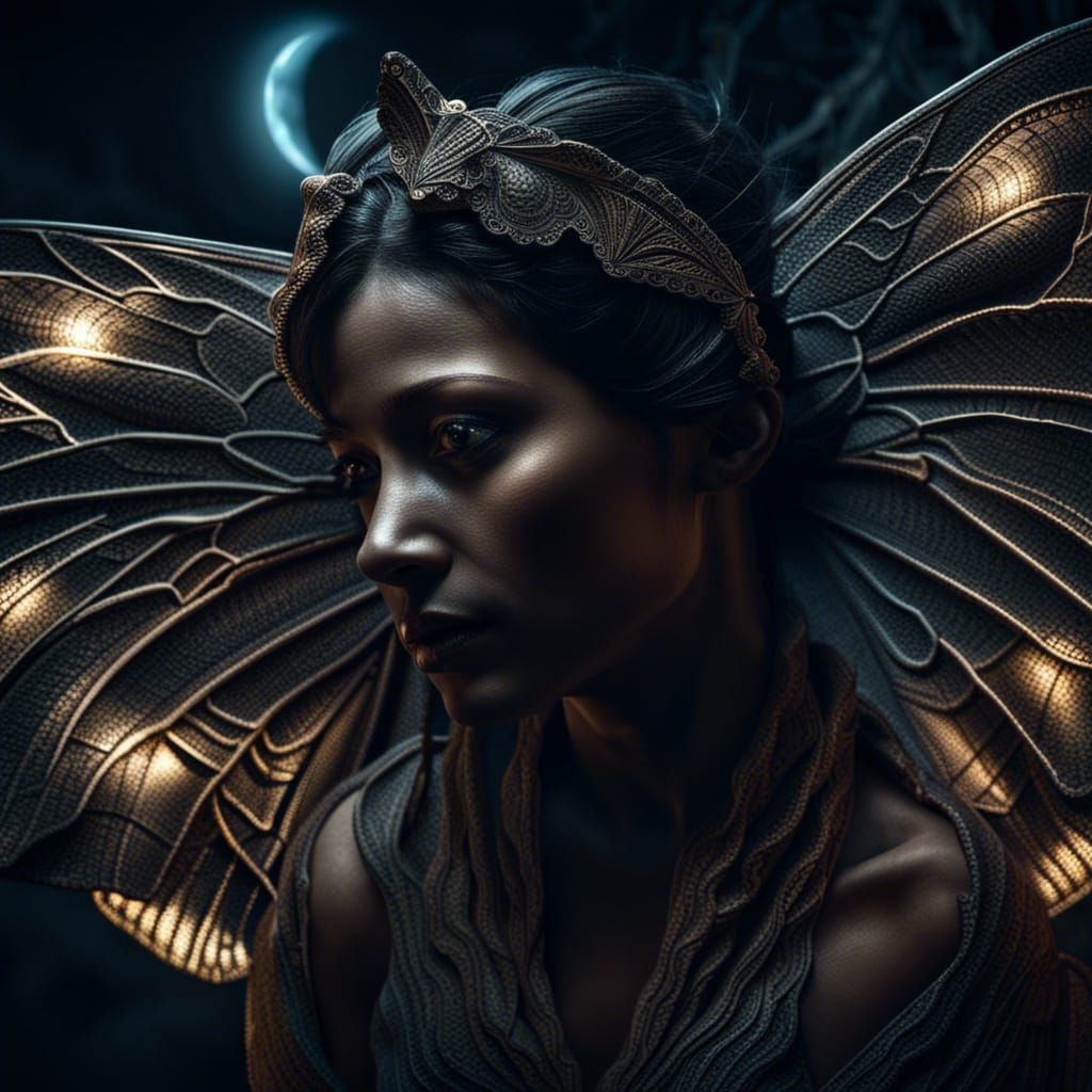 Hyperrealistic Moth Woman in Moonlight