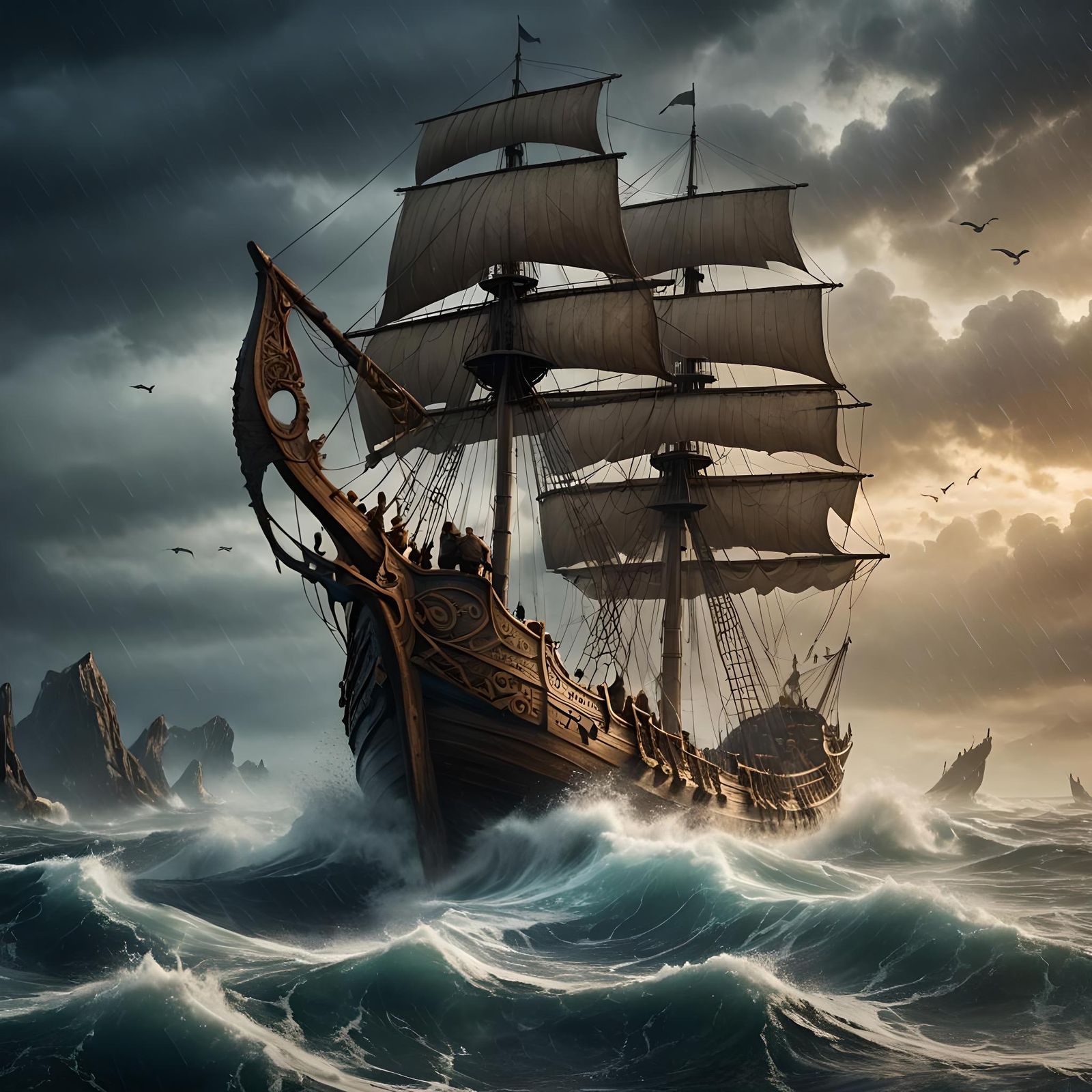 Viking Ship Navigates Stormy Seas with Mythical Beasts