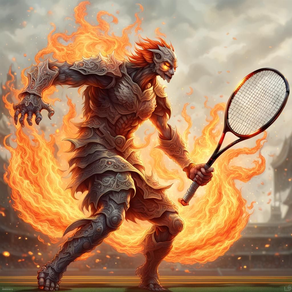 Detailed Fire Elemental Playing Tennis