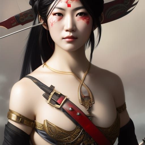 Japanese Female Warrior Portrait in Digital Art Style