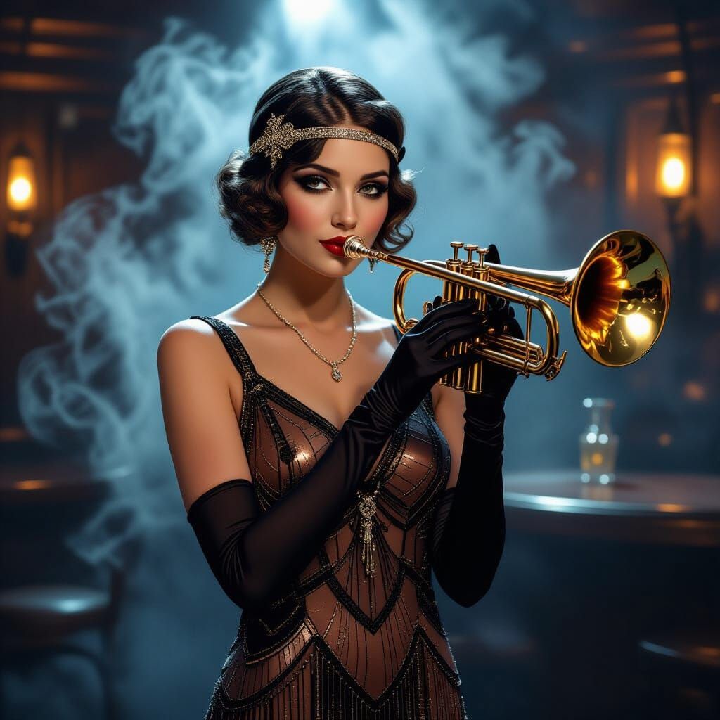 Woman with Trumpet in Smoky Speakeasy