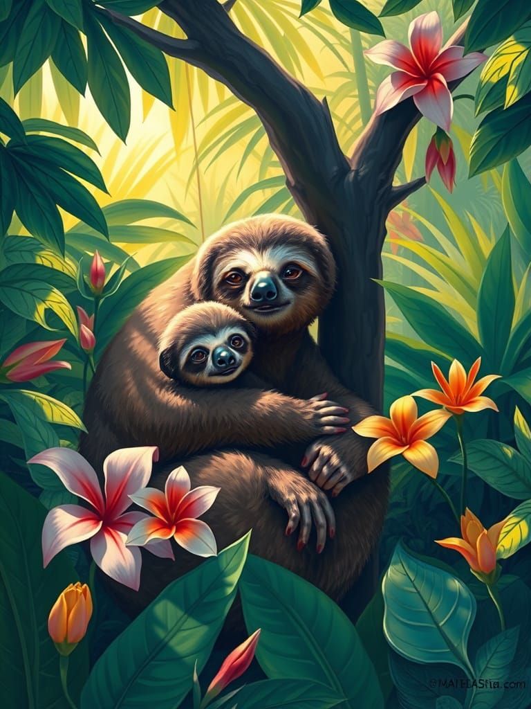 Sloth and Baby in Vibrant Tropical Jungle