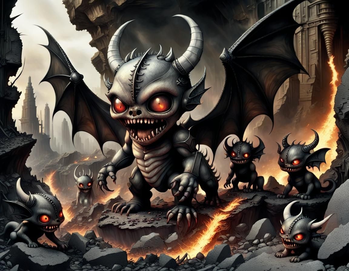 Demonic Battle in Hellish Landscape, Intricate Illustration