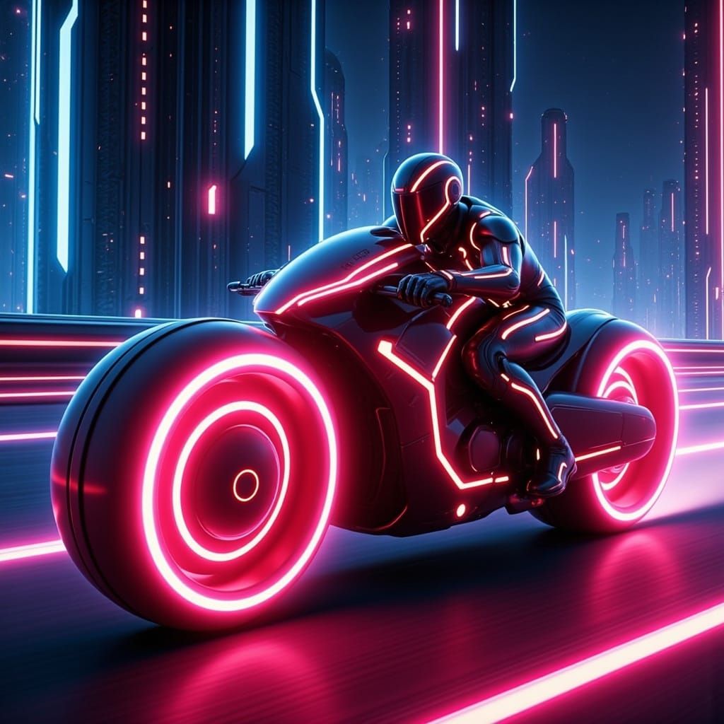 Tron Ares Riding a High-Tech Motorcycle Through a Neon Citys...