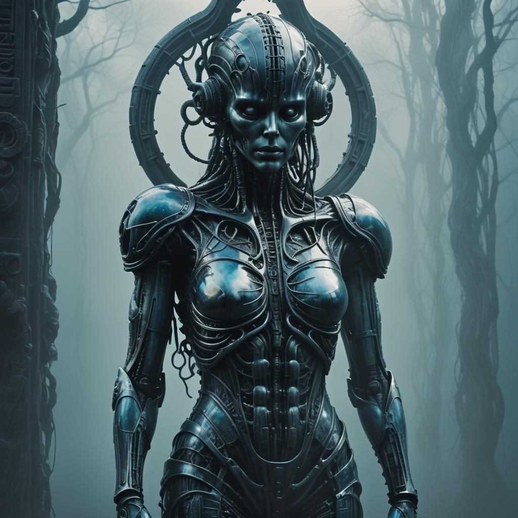 Surreal Sci-Fi Statue in Ethereal Biomechanical Style