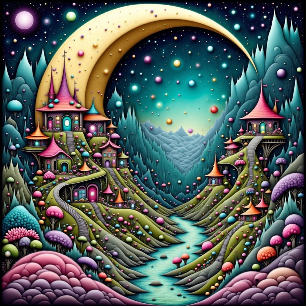 Miniature Village in Crescent Moon, Digital Art
