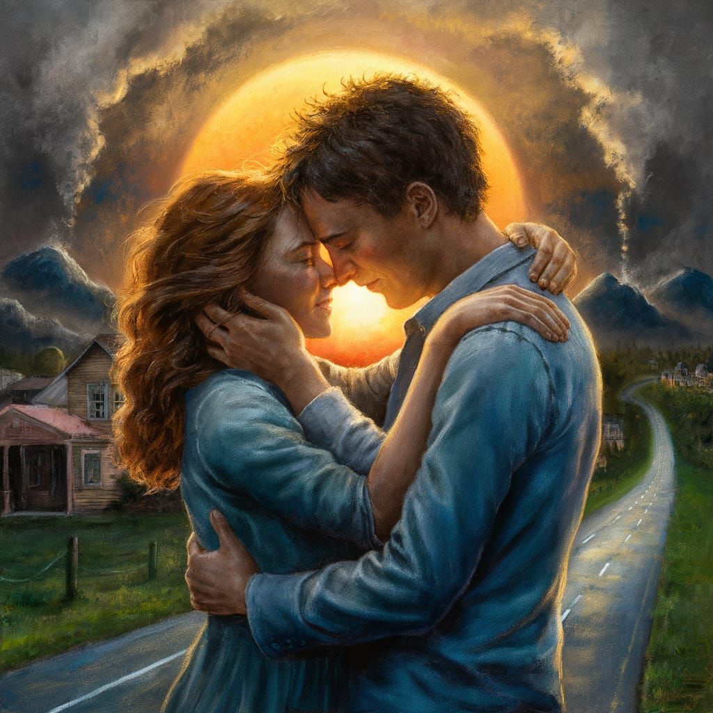 Emotional Embrace at Sunset: A Nostalgic Painting
