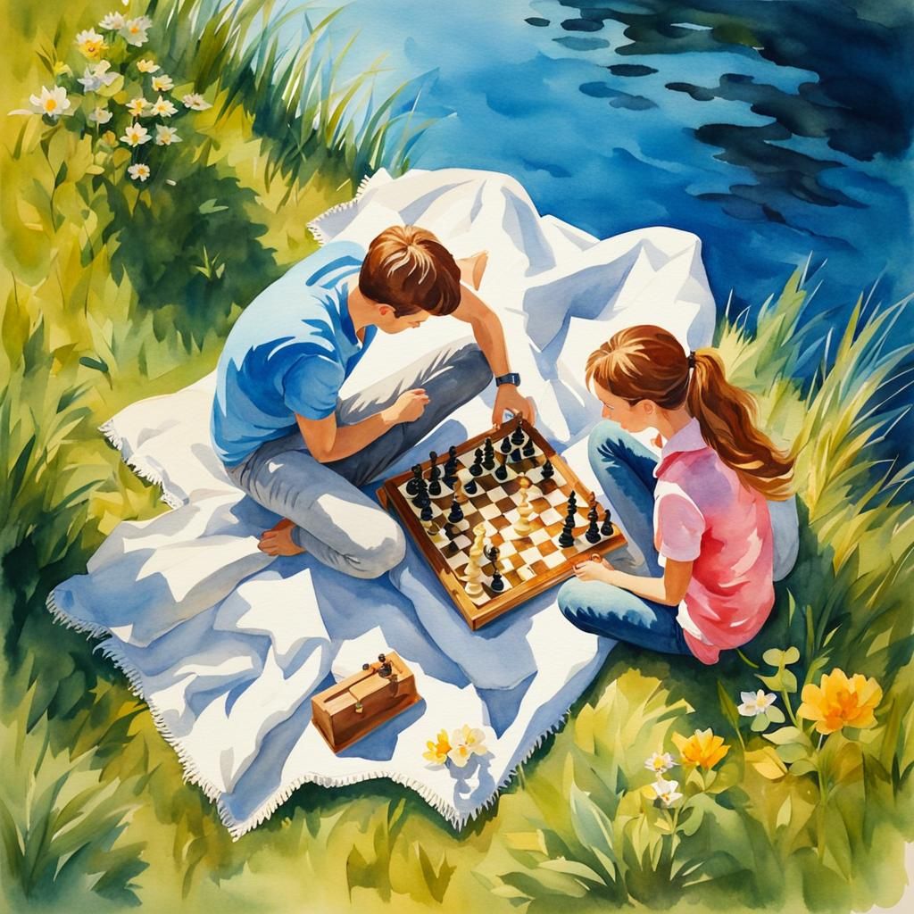 Couple Playing Chess: Watercolor Summer Day
