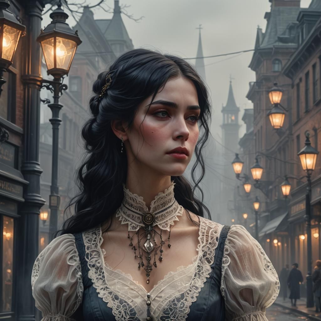 Heartbroken Victorian Woman in Foggy Street Portrait