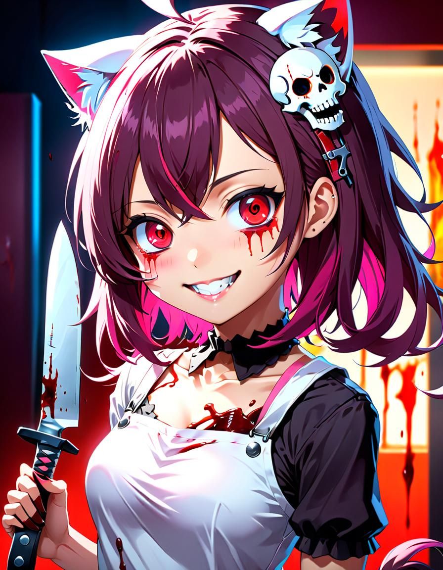 Yandere Nekomimi with Bloody Knife in Anime Style
