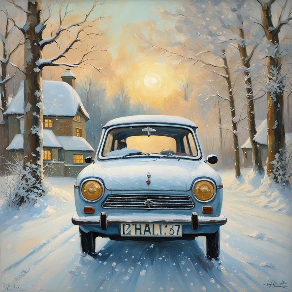 Reliant Robin in Winter Wonderland, Impressionist Oil Painti...