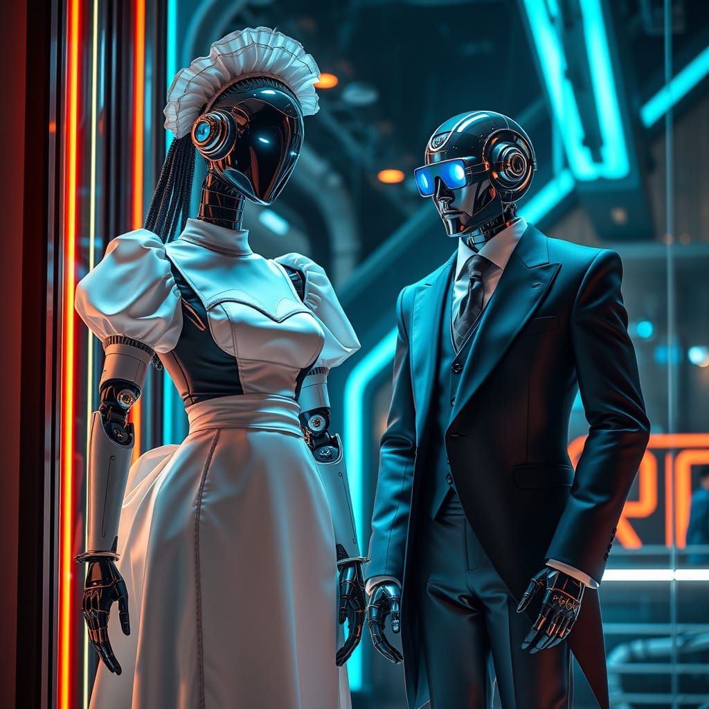 Futuristic Robot Maid and Butler in Display Window