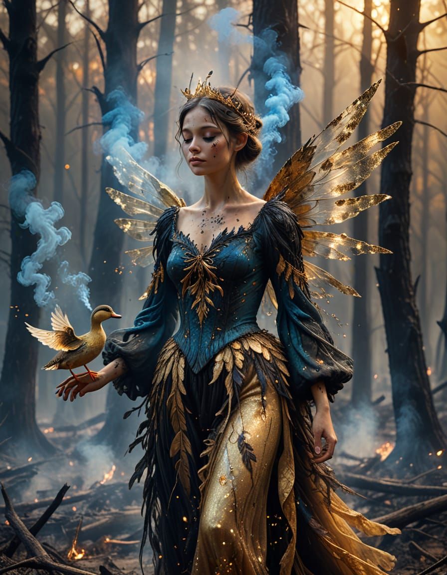 Smoke Fairy in Charred Forest, Surreal Oil Painting
