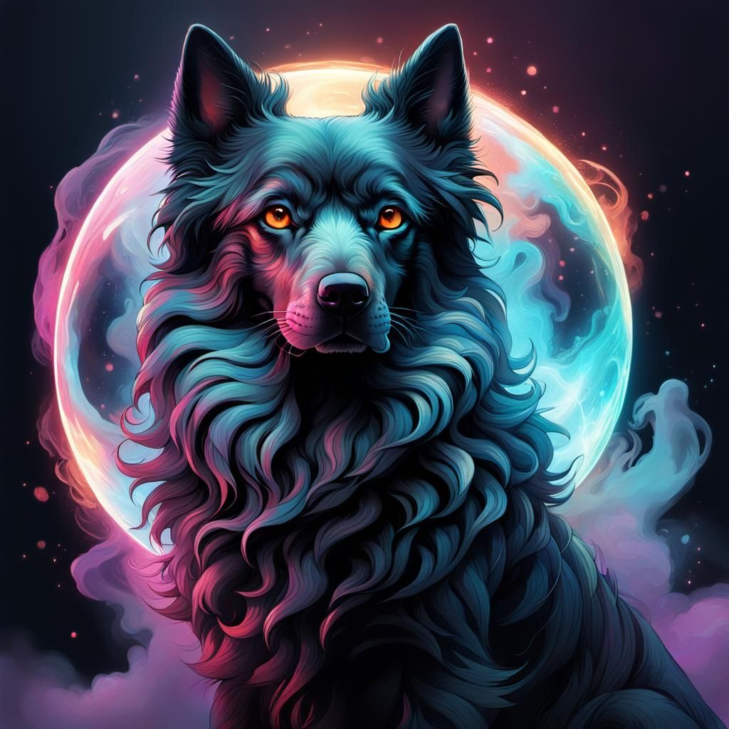 Dog Leaping for Orb in Iridescent Mist