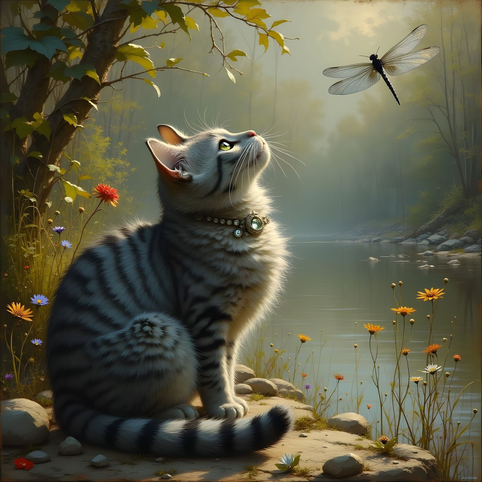 Silver Tabby Cat and Dragonfly, Da Vinci Style