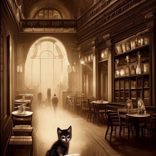 Monochrome Cartoon: Kitten in Cafe, Ghibli Style