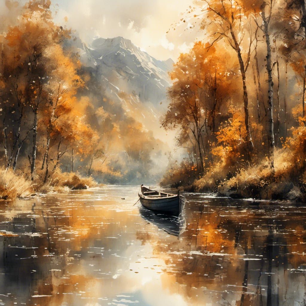 River Boat Watercolor Landscape in Light Shades